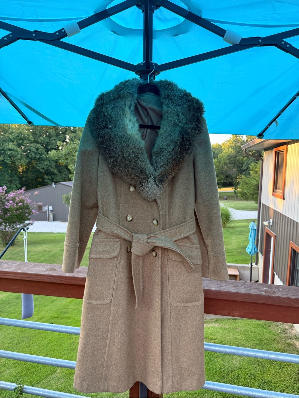 Women's Taupe Wool Trench Coat with Rabbit Fur Collar